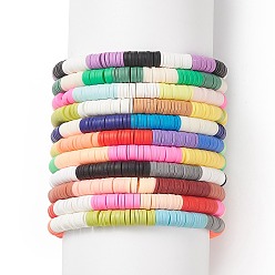 Couleur Mélangete 11 pcs 11 ensemble de bracelets extensibles de surfeur de disque d'argile polymère faits à la main de couleur, bracelets empilables preppy pour femmes, couleur mixte, diamètre intérieur: 2-1/8 pouce (5.4 cm), 1 pc / couleur