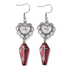 Red Alloy Enamel Heart & Cross Dangle Earrings, Halloween Theme Long Drop Earrings for Women, Red, 68x20mm