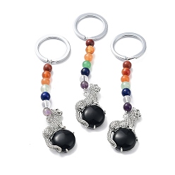Obsidian Natural Obsidian & Brass Cheetah Keychain, with 7 Chakra Gemstone Bead and Iron Rings, Lead Free & Cadmium Free, 10.3cm