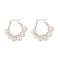 White Natural Pearl Wire Wrapped Beaded Hoop Earrings for Women, Silver, White, 28x30x8mm, Pin: 0.8mm