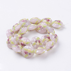 Prune Main cahoteuses chalumeau perles brins, plat et circulaire avec fleur, prune, 17~20.5x10~14mm, Trou: 1.4mm