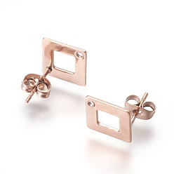 Rose Gold Ion Plating(IP) 304 Stainless Steel Stud Earring Findings for Dangle Charms, Rhombus, Rose Gold, Rhombus: 13.5x13.5mm, Hole: 1.2mm, Pin: 0.7mm, Side Length: 10mm