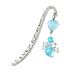 Light Sky Blue Glass Bead Heart Angel Bookmarks, Tibetan Style Alloy Hook Bookmarks, Light Sky Blue, 83x15mm