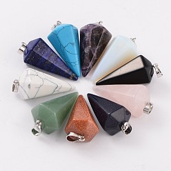 Mixed Stone Cone Pendulum Platinum Tone Brass Natural & Synthetic Mixed Stone Pendants, 39~41x18~19mm, Hole: 5x8mm