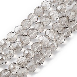 Dark Gray Transparent Electroplate Glass Beads Strands, Faceted, Round, Pearl Luster Plated, Dark Gray, 9~10x9~9.5mm, Hole: 1.4mm, about 54~60pcs/strand, 18.90~21.65 inch(48~55cm)