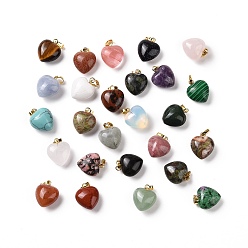 Mixed Stone Natural & Synthetic Gemstone Pendants, with Golden Tone Brass Findings, Heart Charm, 18x15~15.5x6~8mm, Hole: 6x3mm