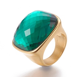 Verde Revestimiento iónico (ip) 304 anillos para los dedos de acero inoxidable, Con cristal facetado, verde, tamaño de 6~9, 16~19 mm