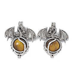 Tiger Eye Natural Tiger Eye Pendants, Dragon Charms, with Rack Plating Antique Silver Plated Brass Findings, Cadmium Free & Lead Free, 47x37x19mm, Hole: 4mm