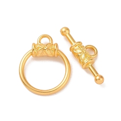 Matte Gold Color Alloy Toggle Clasps, Round Ring Shape with Flower, Matte Gold Color, Ring: 18x15x4mm, Bar: 7x21x4mm, Hole: 2.5mm
