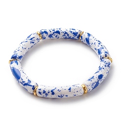 Blue Acrylic Curved Tube Beaded Stretch Bracelet, Chunky Bamboo Friendship Braceelet for Women, Blue, Inner Diameter: 2-1/8 inch(5.3cm)
