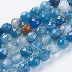 Marine Blue Natural Stripe Agate Beads Strands, Faceted, Dyed, Round, Marine Blue, 6mm, Hole: 1mm, about 62pcs/strand, 15 inch