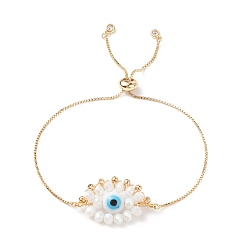 Golden Lampwork & Glass Braided Horse Eye Slider Bracelet, Brass Jewelry for Women, Golden, 10-1/4 inch(26cm)