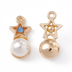 Golden Alloy Rhinestone Pendants, with ABS Plastic Imitation Pearl Beads, Star with Round Charm, Golden, 19x9x8mm, Hole: 1.4mm