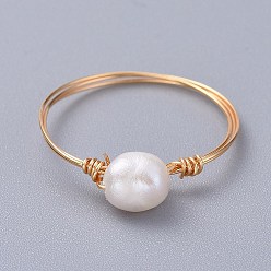 Golden Grade A Natural Freshwater Pearl Rings, with Eco-Friendly Copper Wire, Golden, 19mm, 1mm