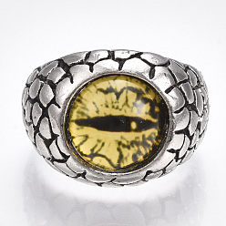 Jaune Bagues en alliage de verre, anneaux large bande, oeil de dragon, argent antique, jaune, taille 9, 19mm