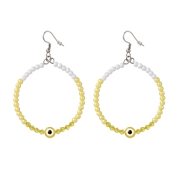Yellow Resin Evil Eye & Acrylic Beaded Big Ring Dangle Earrings, 304 Stainless Steel Jewelry for Women, Yellow, 77mm, Pin: 0.6mm