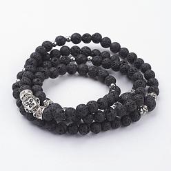 Antique Silver Natural Lava Rock Beaded Wrap Bracelets, 4-Loop, with Alloy Beads and Brass Rhinestone Bead Spacers, Antique Silver, (28-3/4 inch)730mm