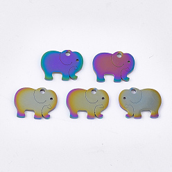 Rainbow Color Placage ionique (ip) 201 breloques en acier inoxydable, éléphant, couleur arc en ciel, 10.5x14x1mm, Trou: 1.5mm