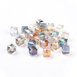 Couleur Mélangete Perles en verre electroplate, arc-en-ciel plaqué, facette, cube, couleur mixte, 11x11x11mm, Trou: 1.5mm