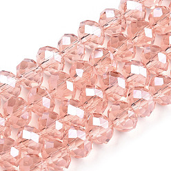 Salmon Electroplate Glass Beads Strands, Pearl Luster Plated, Faceted, Rondelle, Salmon, 8x6mm, Hole: 1mm, about 65~72pcs/strand, 15.7~16.1 inch(40~41cm)