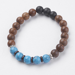 Synthetic Turquoise Natural & Synthetic Lava Rock and Synthetic Turquoise Beads Stretch Bracelets, with Wenge Wood Beads, Coconut and Alloy Finding, 2 inch(50~52mm)
