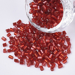 Red 6/0 Glass Bugle Beads, Silver Lined, Red, 3.5~5x3.5~4mm, Hole: 1mm, about 4500pcs/bag