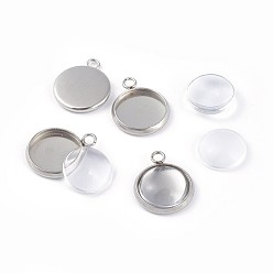Stainless Steel Color DIY Pendant Making, 304 Stainless Steel Pendant Cabochon Settings and Glass Cabochons, Flat Round, Clear, Stainless Steel Color, Tray: 10mm, 15x12x2mm, Hole: 2mm
