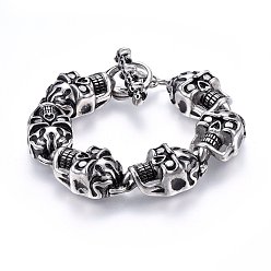 Antique Silver 304 Stainless Steel Link Bracelets, with Toggle Clasps Clasps, Skull, Antique Silver, 9-1/2 inch(24cm), 18~34x13mm
