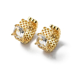 Real 18K Gold Plated Clear Glass Square Cuff Earring, Rack Plating Brass Jewelry, Cadmium Free & Lead Free, Real 18K Gold Plated, 13.5x15.5x6mm