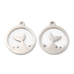 Stainless Steel Color 201 Stainless Steel Pendants, Flat Round with Fishtail Charm, Stainless Steel Color, 17.5x15.5x1mm, Hole: 1.4mm