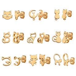 Golden 9 Pairs 9 Style 316 Surgical Stainless Steel Cute Kitty Stud Earrings for Women, Golden, 7~13x4~12mm, Pin: 1mm, 1 Pair/style