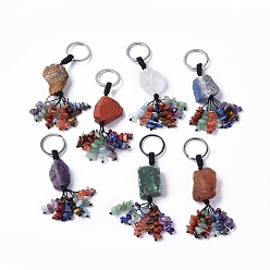 Mixed Stone Natural Mixed Gemstone Nugget with Mixed Gemstone Chips Tassel Keychains, with 304 Stainless Steel Ring Clasps, 9~10.5cm