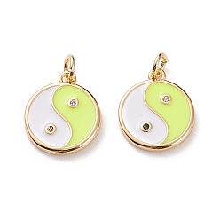 Green Yellow Brass Micro Pave Clear Cubic Zirconia Pendants, with Enamel & Jump Rings, Flat Round with Yin Yang, Real 18K Gold Plated, Green Yellow, 15x12.5x2mm, Jump Ring: 5x1mm, 3mm Inner Diameter