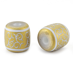 Golden Plated Electroplate Glass Beads, Frosted, Barrel with Vine Pattern, Golden Plated, 12x11.5mm, Hole: 3mm, 100pcs/bag