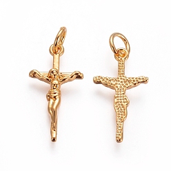 Golden Brass Pendants, with Jump Rings, Crucifix Cross, For Easter, Golden, 20x10x2mm, Hole: 3mm