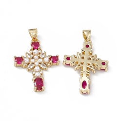 Deep Pink Rack Plating Brass Micro Pave Cubic Zirconia Pendants, with Plastic Imitation Pearl, Cadmium Free & Lead Free, Long-Lasting Plated, Real 18K Gold Plated, Religion Cross Charm, Deep Pink, 26.5x19x3.5mm, Hole: 3x5mm