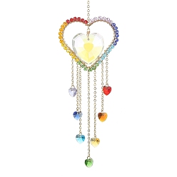 Coloré Décoration pendentif coeur en verre, attrape-soleil suspendus, avec 304 anneaux brisés en acier inoxydable, pour la décoration, colorées, 217mm, Trou: 10mm
