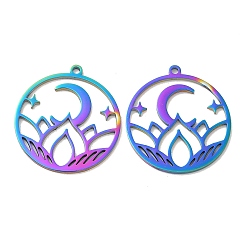 Rainbow Color Ion Plating(IP) 304 Stainless Steel Pendants, Flat Round with Flower & Moon Charm, Rainbow Color, 27x25x1.5mm, Hole: 1.6mm