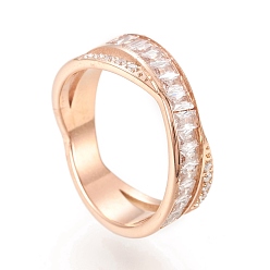 Розовое Золото 304 из нержавеющей стали крест крест кольца, двойного кольца, х кольца, с четким кубического циркония, розовое золото , Размер 6~9, внутренний диаметр: 16~19 мм