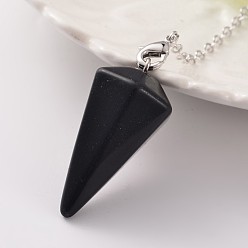 Black Agate Platinum Tone Brass Black Agate Cone Hexagonal Pointed Dowsing Pendulums, with Lobster Claw Clasps, 230x3mm