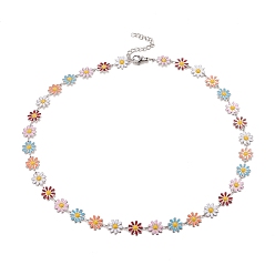 Colorful Enamel Daisy Link Chain Necklace, Vacuum Plating 304 Stainless Steel Jewelry for Women, Stainless Steel Color, Colorful, 16.3 inch(41.5cm)