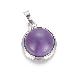 Amethyst Natural Amethyst Pendants, with Brass Findings, Half Round, Platinum, 23~24x19~20x8~10mm, Hole: 8x5mm