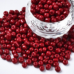 Dark Red 6/0 Glass Seed Beads, Baking Paint, Round Hole, Round, Dark Red, 4~5x3~5mm, Hole: 1.2~1.5mm, about 4500pcs/Pound