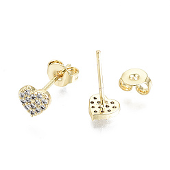 Real 16K Gold Plated Brass Micro Pave Clear Cubic Zirconia Stud Earrings, with Ear Nuts, Nickel Free, Heart, Real 16K Gold Plated, 5.5x6mm, Pin: 0.8mm