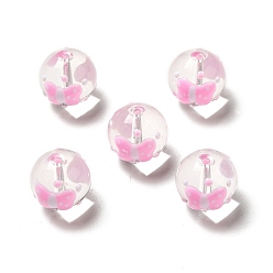 Pink Handmade Lampwork Beads, Round with Butterfly Pattern, Pink, 13.5~14x14.5~15mm, Hole: 1.5~1.8mm
