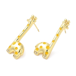 Real 18K Gold Plated Rack Plating Brass Enamel Giraffe Stud Earrings with Cubic Zirconia, Lead Free & Cadmium Free, Real 18K Gold Plated, 28x13.5mm