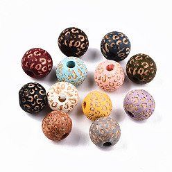 Mixed Color Painted Natural Wood Beads, Laser Engraved Pattern, Round with Leopard Print, Mixed Color, 10x8.5mm, Hole: 2.5mm