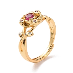 Real 18K Gold Plated Cerise Cubic Zirconia Rose of Life Adjustable Ring, Brass Jewelry for Women, Cadmium Free & Nickel Free & Lead Free, Real 18K Gold Plated, US Size 4 3/4(15.4mm)