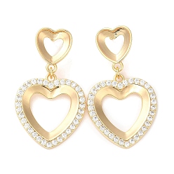 Real 18K Gold Plated Brass Micro Pave Cubic Zirconia Stud Earring Finding, Heart, Nickel Free, Real 18K Gold Plated, 37x22.5mm, Tray: 10.3x9.6mm and 10.8x13mm Inner Diameter