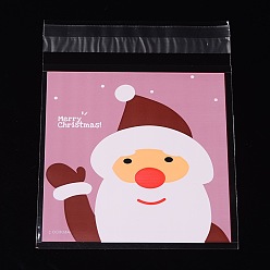 Бледно-Розовый Прямоугольник мешки ОПП целлофан на Рождество, с Санта-Клауса рисунком, розовый жемчуг, 13x9.9 см, односторонняя толщина: 0.035 мм, внутренняя мера: 9.9x9.9 см, около 95~100 шт / упаковка